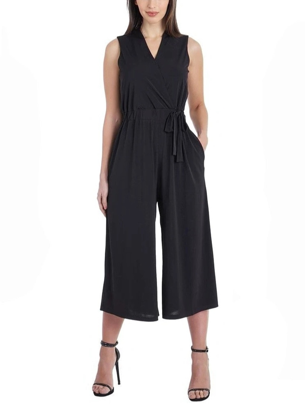bebe Sleeveless Faux Wrap Jumpsuit Black Wide-Leg